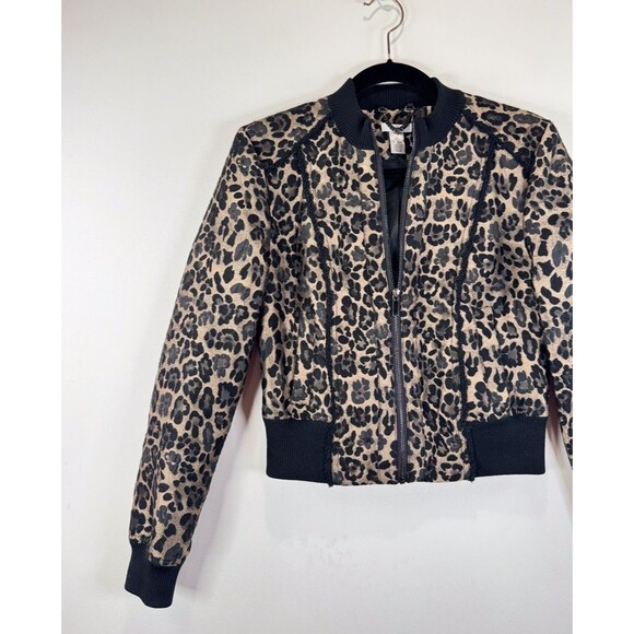 Cache Womens Jacket Brown Leopard Wool Full Zip Bomber Cropped Stretch Medium - Picture 4 of 11